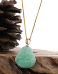 Baikalla Jewelry Jade Pendant Natural Burmese Jadeite Jade "Laughing Buddha" With 14k Yellow VS1 Diamond Bail