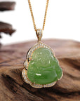 Baikalla Jewelry Gold Jade Buddha Baikalla "Laughing Buddha" 14k Gold Genuine Nephrite Apple Green Jade with 1/3 cttw VS1 Diamonds