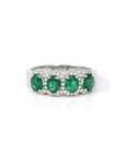 Baikalla Jewelry Gold Emerald Ring 18k White Gold Natural Emerald Four Stones Set Band Ring with Diamonds