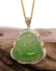 Baikalla Jewelry Gold Jade Buddha Baikalla "Laughing Buddha" 14k Gold Genuine Nephrite Apple Green Jade with 1/3 cttw VS1 Diamonds