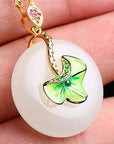 Baikalla Jewelry Jade Pendant Genuine White Nephrite Jade Necklace with Gold Plated Sterling Silver and Pink & Green CZ