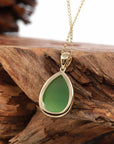 Baikalla Jewelry Gold Jade Pendant 14K Gold Genuine Green Apple Green Jade Tear Drop Diamond Cut Pendant Necklace