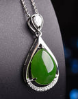 Baikalla Jewelry Nephrite Jade Necklace Genuine Green Nephrite Jade Tear Drop Pendant Necklace With CZ