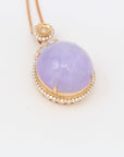 Baikalla Jewelry Lavender Jadeite Necklace 18K Rose Gold Natural Lavender Burmese Jadeite Cabochon Necklace With Genuine Diamonds