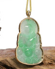 Baikalla Jewelry Jade Guanyin Pendant Necklace "Goddess of Compassion" 14k Yellow Gold Genuine Burmese Jadeite Jade Guanyin Necklace With Good Luck Design