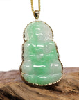 Baikalla Jewelry Jade Guanyin Pendant Necklace "Goddess of Compassion" 14k Yellow Gold Genuine Burmese Jadeite Jade Guanyin Necklace With Good Luck Design