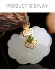 Baikalla Jewelry Silver Gemstone Necklace Genuine White Jade RuYi Pendant Necklace with 14K Yellow Solid Gold Bail