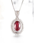 Baikalla Jewelry Gemstone Pendant Necklace 18k White Gold & Natural AA Oval Ruby Halo Pendant Necklace