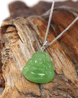 Baikalla Jewelry Gold Jade Buddha Baikalla™ "Laughing Buddha" 14k Gold Genuine Nephrite Apple Green Jade with Diamonds Buddha Pendant Necklace High-end Collectable