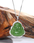 Baikalla Jewelry Gold Jade Buddha 14K White Gold With Matching Gold Chain Baikalla™ "Laughing Buddha" 14k Gold Genuine Nephrite Apple Green Jade with VS1 Diamonds High-end Collectable