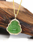 Baikalla Jewelry Gold Jade Buddha 14K Yellow Gold With Matching Gold Chain Baikalla™ "Laughing Buddha" 14k Gold Genuine Nephrite Apple Green Jade with VS1 Diamonds High-end Collectable