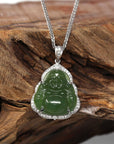 Baikalla Jewelry Gold Jade Buddha Baikalla™ "Laughing Buddha" 14k White Gold Genuine Nephrite Green Jade with Moissanite
