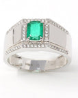 Baikalla Jewelry Gold Men's Rings 18k White Gold Natural 0.65 ct Emerald Men's Halo Ring with Diamonds