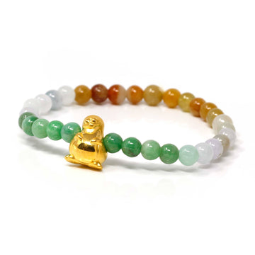 Baikalla Jewelry 24k Gold Jadeite Beads Bracelet Genuine High-quality Jade Jadeite Bracelet Bangle with 24k Yellow Gold Penguin Charm Colorful  #409