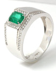 Baikalla Jewelry Gold Men's Rings 8 18k White Gold Natural 0.65 ct Emerald Men's Halo Ring with Diamonds