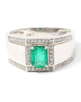 Baikalla Jewelry Gold Men's Rings 18k White Gold Natural 0.65 ct Emerald Men's Halo Ring with Diamonds