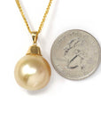 Baikalla Jewelry Gold Pearl Necklace 18k Gold Round Golden South Sea Cultured Pearl & Diamond Pendant Necklace for Women, AAA Quality