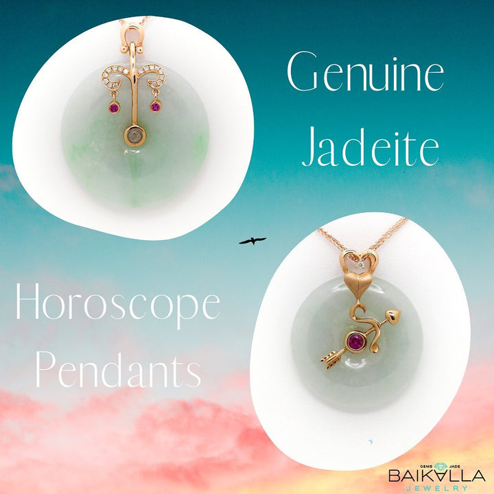 Real Jadeite Jade Horoscope Pendant Necklace with Gold Gems Diamonds