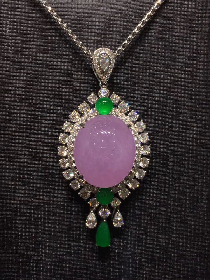 Genuine Lavender Jadeite Jade Pendant Necklace with Gold Diamond
