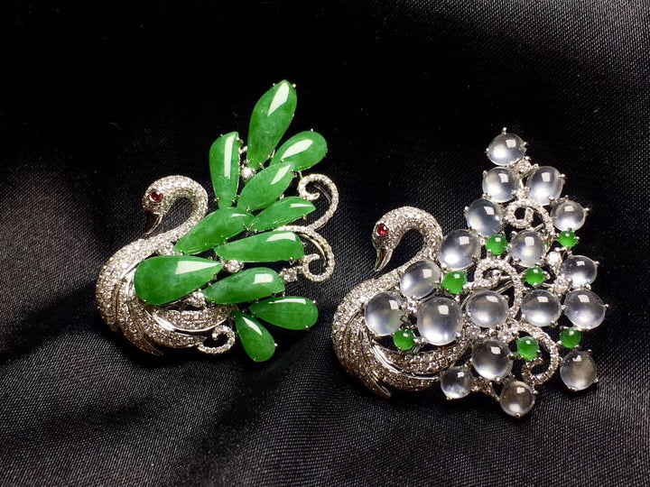 Genuine Jadeite Jade Swan Pendant & Brooch with Gold Diamond