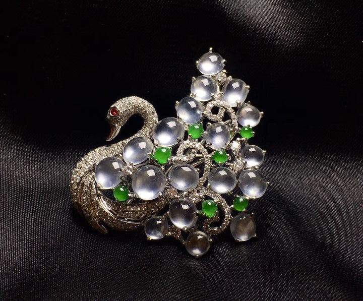 Genuine Ice Jadeite Jade Swan Pendant & Brooch with Gold Diamonds