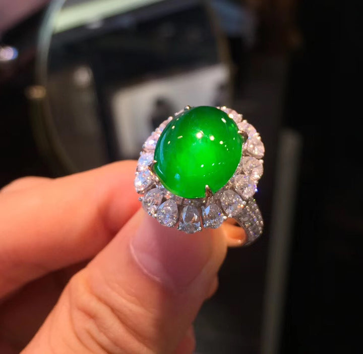 Genuine Imperial Jadeite Jade Ring with Diamond