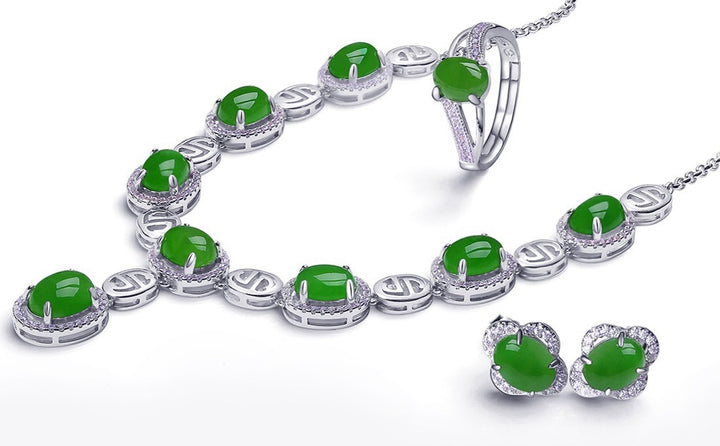 Real Nephrite Green Jade Necklace Ring & Earrings Set