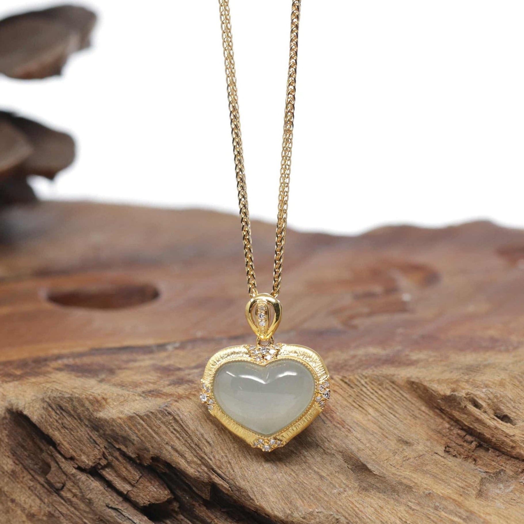Baikalla "Heart" 18K Yellow Gold Icy White-Green Jadeite Jade Pendant W/ Natural Diamonds