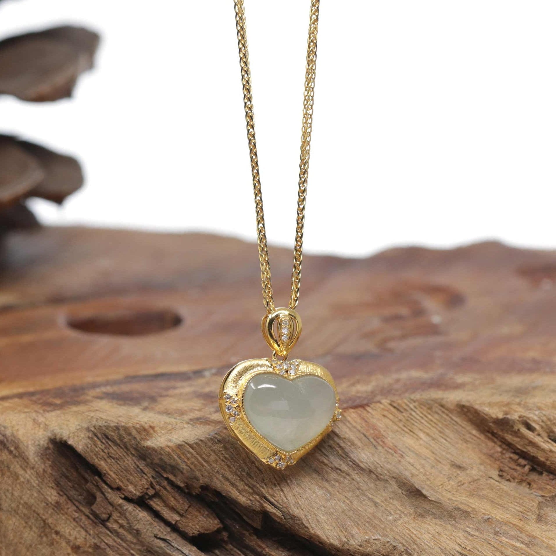 Baikalla "Heart" 18K Yellow Gold Icy White-Green Jadeite Jade Pendant W/ Natural Diamonds