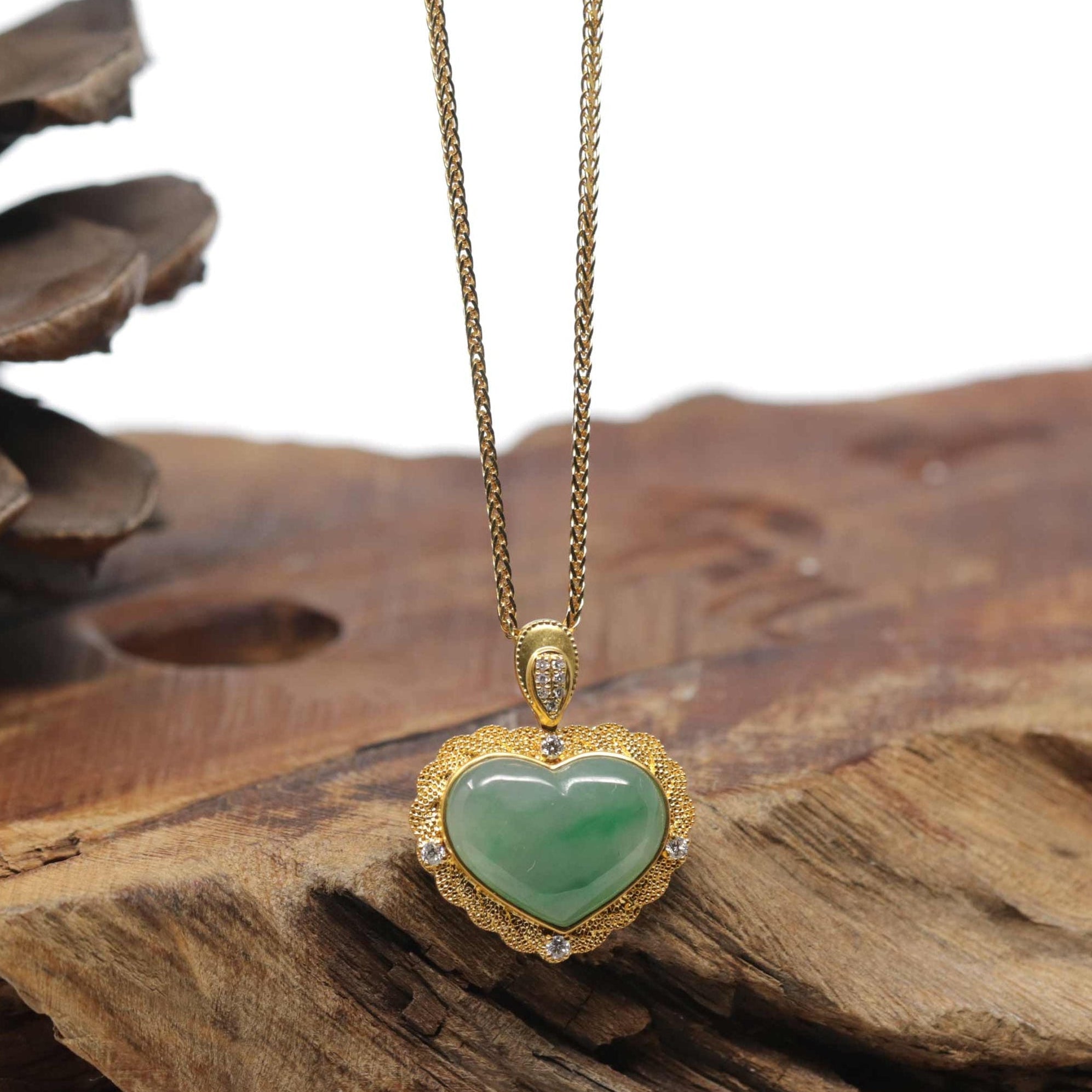 Baikalla "Heart" 18K Green Jadeite Jade Pendant W/ Natural Diamonds