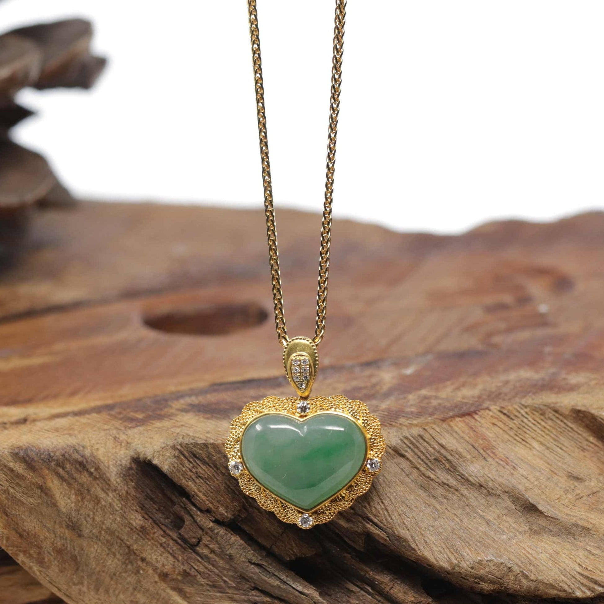 Baikalla "Heart" 18K Green Jadeite Jade Pendant W/ Natural Diamonds