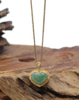 Baikalla "Heart" 18K Yellow Gold Icy Apple-Green W/ Vibrant Green Flowers Jadeite Jade Pendant W/ Natural Diamonds