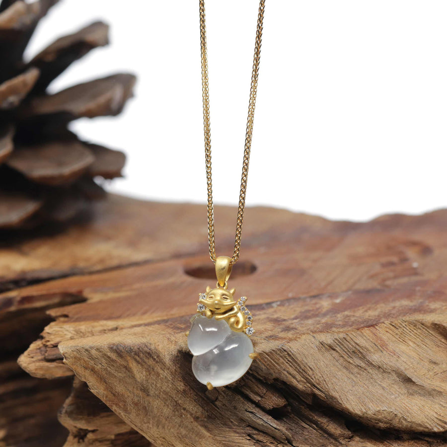 Baikalla "Hulu" 18K Yellow Gold Icy White Jadeite Jade Pendant W/ Natural Diamonds & Fox Bail