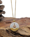Baikalla "Ping An Kou" (Good Luck Button) 18K Yellow Gold Natural Icy White & Yellow Jadeite Jade Pendant W/ Heart Bail