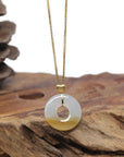 Baikalla "Ping An Kou" (Good Luck Button) 18K Yellow Gold Natural Icy White & Yellow Jadeite Jade Pendant W/ Heart Bail