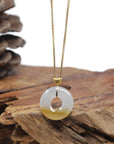 Baikalla "Ping An Kou" (Good Luck Button) 18K Yellow Gold Natural Icy White & Yellow Jadeite Jade Pendant W/ Heart Bail