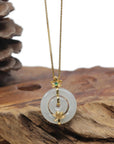 Baikalla "Double Ping An Kou" (Good Luck Button) 18K Yellow Gold Icy White Jadeite Jade Pendant W/ Imperial Jade & Lotus Bail