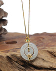 Baikalla "Double Ping An Kou" (Good Luck Button) 18K Yellow Gold Icy White Jadeite Jade Pendant W/ Imperial Jade & Lotus Bail