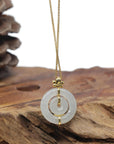 Baikalla "Double Ping An Kou" (Good Luck Button) 18K Yellow Gold Icy White Jadeite Jade Pendant W/ Imperial Jade & Lotus Bail
