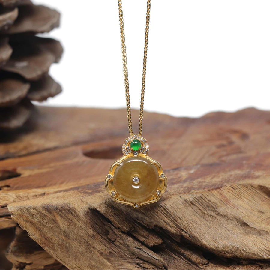 Baikalla "Ping An Kou" 18K Yellow Gold Brown-ish Yellow Jadeite Jade Pendant W/ Natural Diamonds & Imperial Green Jade