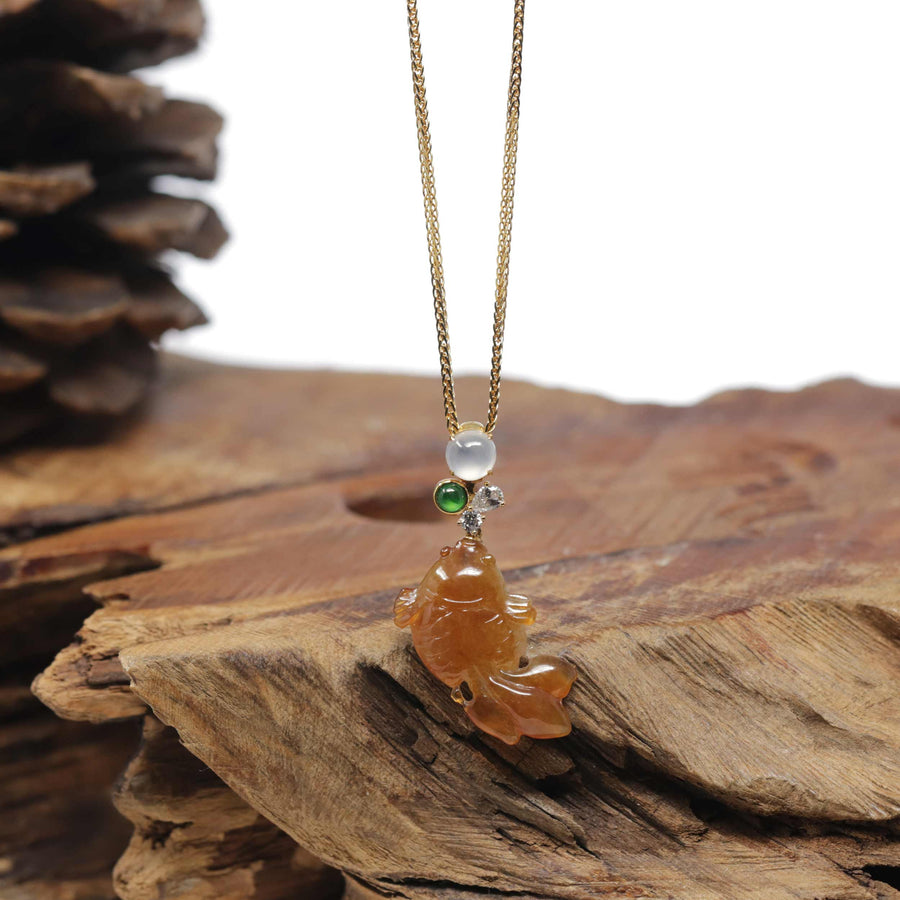 Baikalla "Lucky Fish" 18K Yellow Gold Orange-Red & White Jadeite Jade Pendant W/ Natural Diamonds