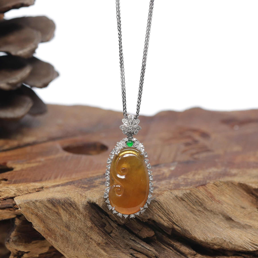 Baikalla "Ruyi" 18K White Gold Natural Icy Orange-Red Jadeite Jade Pendant W/ Natural Diamonds & Imperial Green Jade