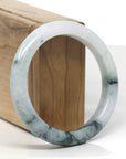 Baikalla White-Green W/ Deep Blue-Green Flower Patches Jadeite Jade "Half Round" Bangle Bracelet (57mm) 