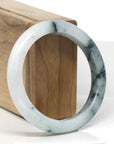 Baikalla White-Green W/ Deep Blue-Green Flower Patches Jadeite Jade "Half Round" Bangle Bracelet (57mm) 
