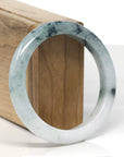 Baikalla White-Green W/ Deep Blue-Green Flower Patches Jadeite Jade "Half Round" Bangle Bracelet (57mm) 