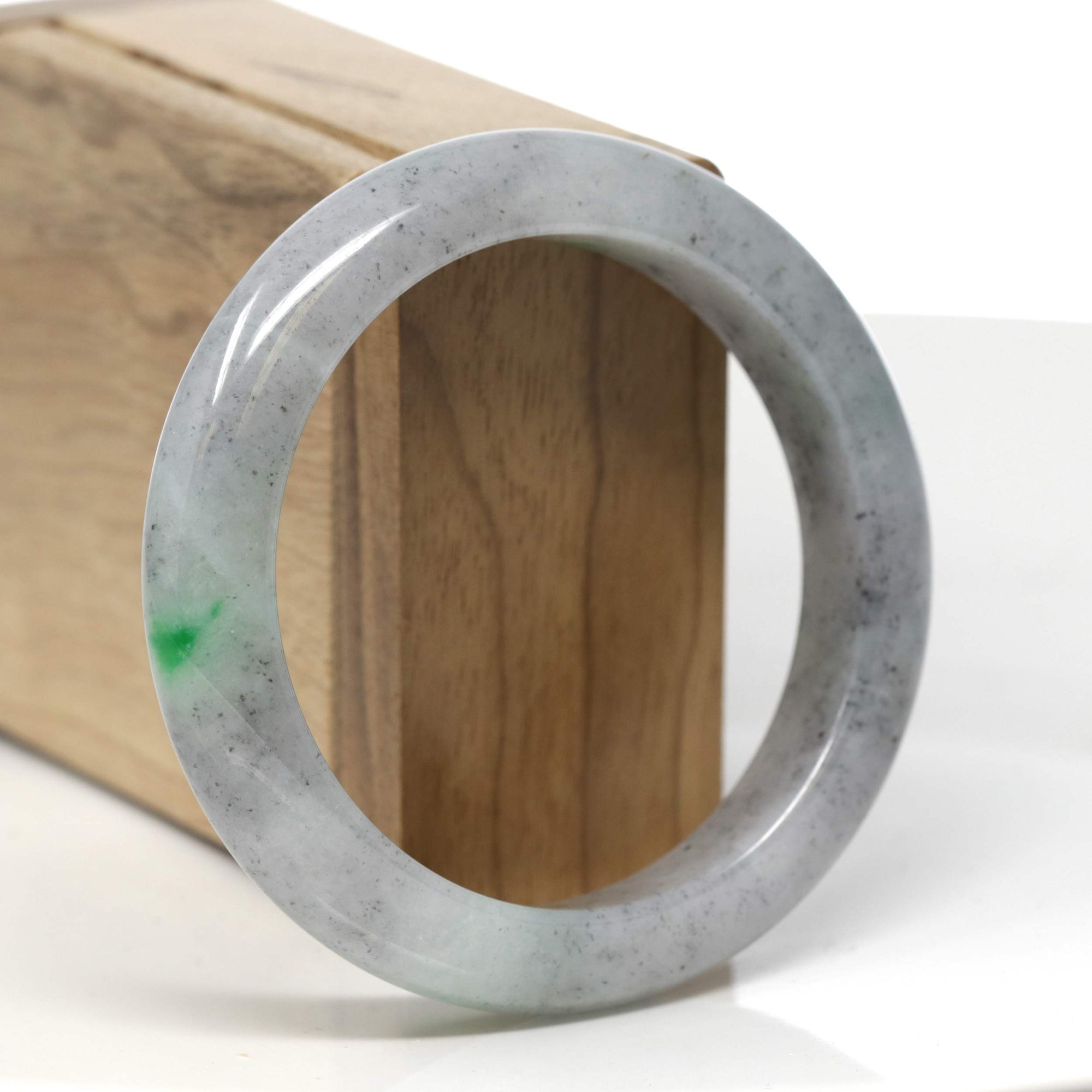 Baikalla Black Sesame Wuji &amp; Vibrant Green Flowers Jadeite Jade "Half Round" Bangle Bracelet (57mm) 