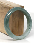Baikalla Deep Oil-Green W/ Icy Light Green Patch Jadeite Jade "Half Round" Bangle Bracelet (56mm) 