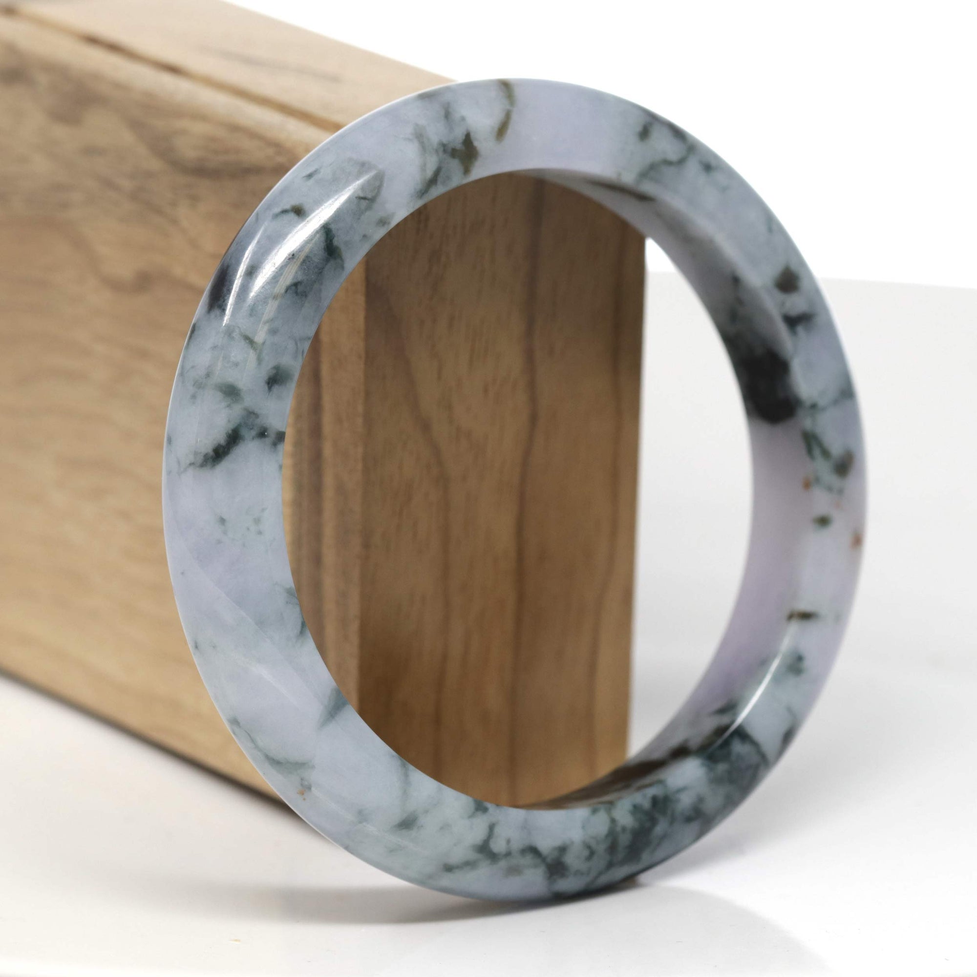Baikalla Natural Light Lavender W/ Deep Blue-Green Flowers Jadeite Jade "Half Round" Bangle Bracelet (60.7mm) 