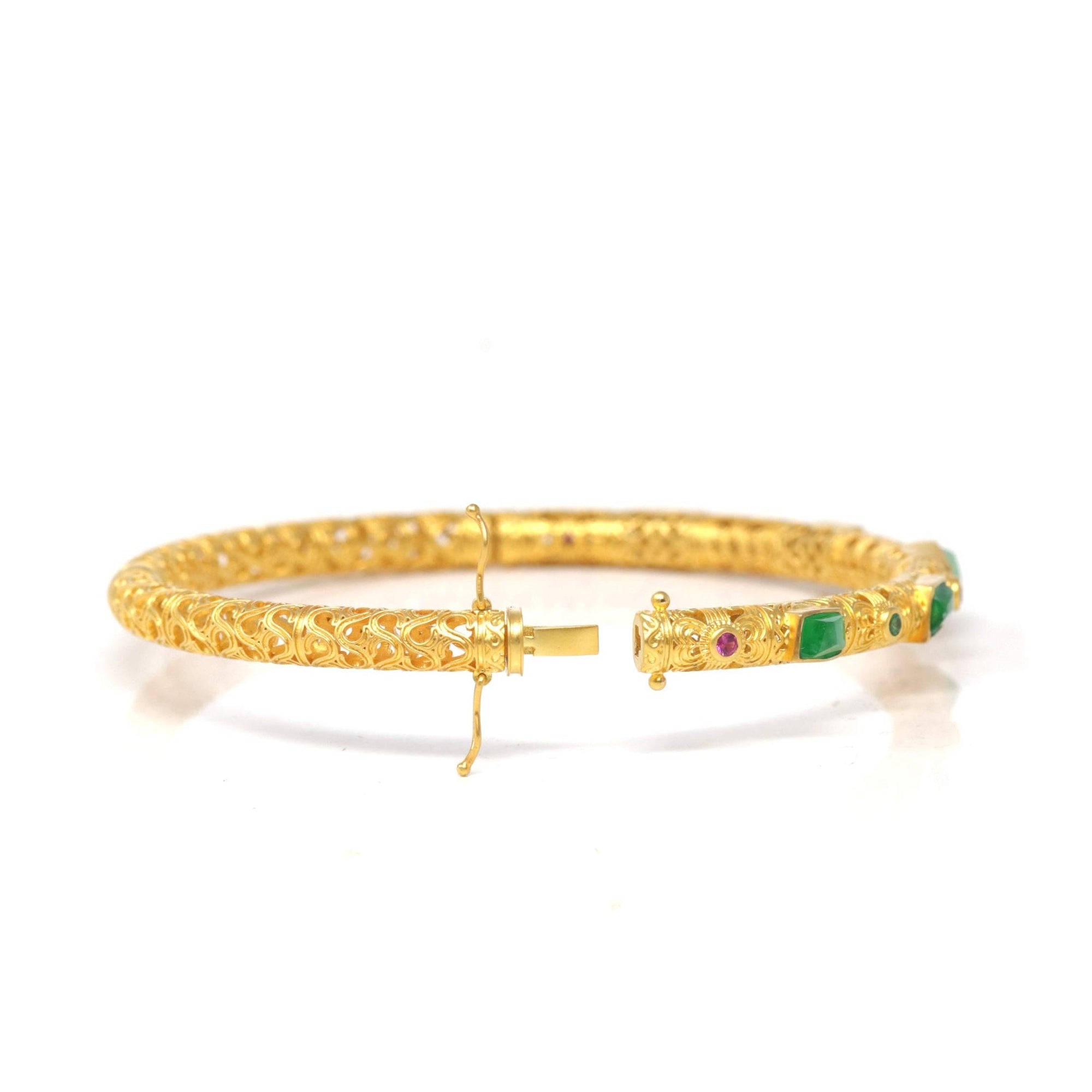 Baikalla 18ky Gold &amp; Natural Imperial Green Jadeite Jade Bangle W/ Colorful Gems