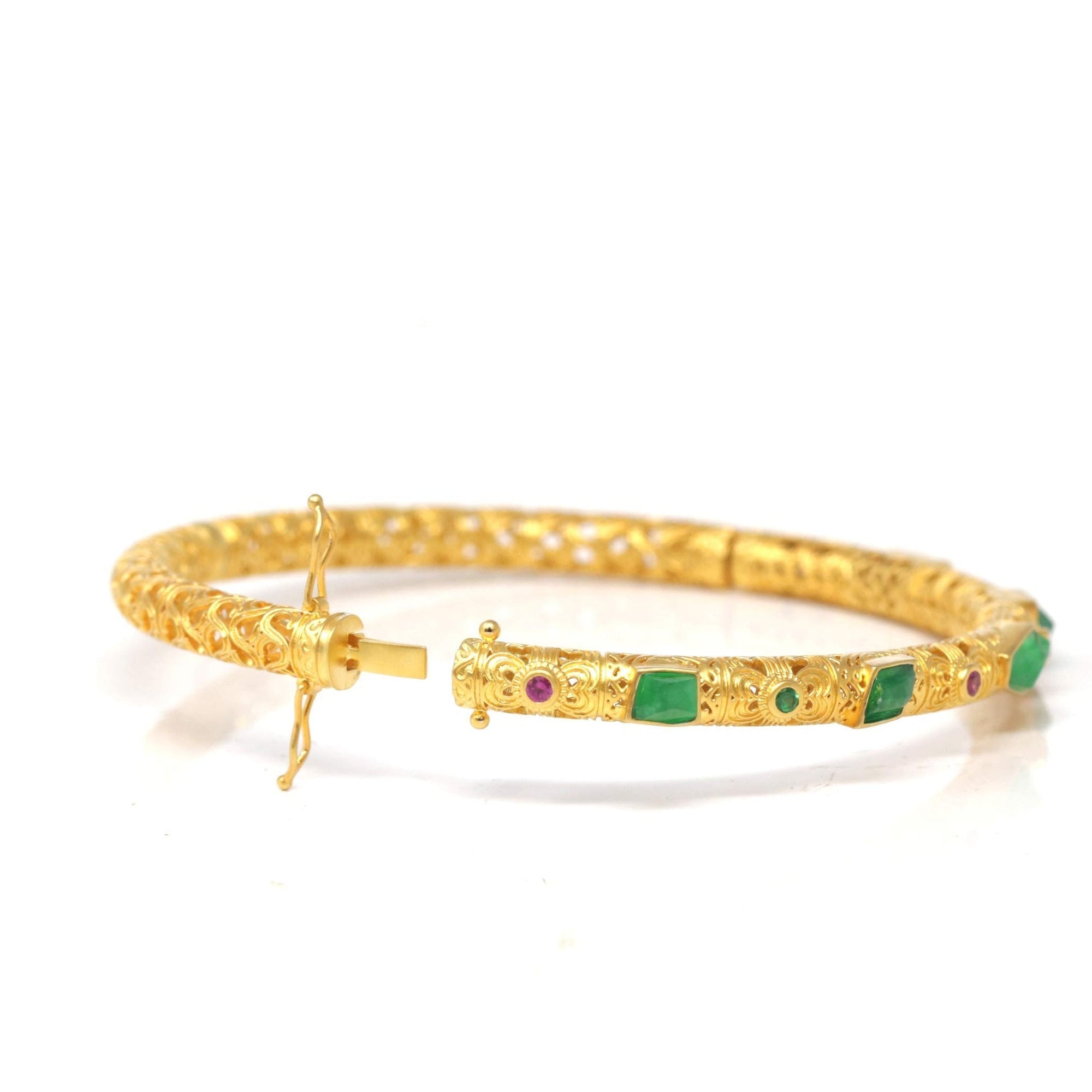 Baikalla 18ky Gold &amp; Natural Imperial Green Jadeite Jade Bangle W/ Colorful Gems